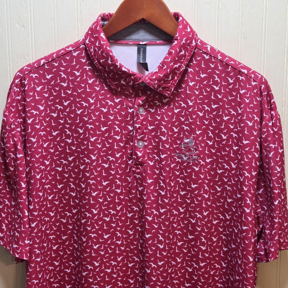 AndersonOrd Polo Shirt Mens XL Red Bird Print World Golf Village Stretch Top